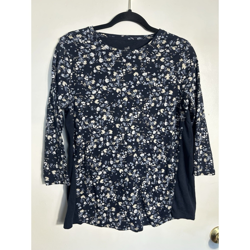 J. Jill Pima Cotton 3/4 Sleeve Side Inset Tee Shirt Floral‎ Navy Blue Women's M